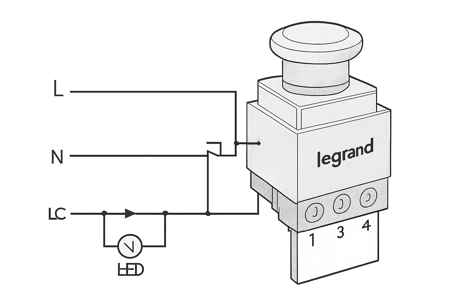 Esquema de cableado de la parada de emergencia Legrand