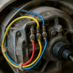 Esquema de conexión del motor de una lavadora de 7 hilos: identifica los cables de fase (U, V, W), arranque, velocidades y tierra